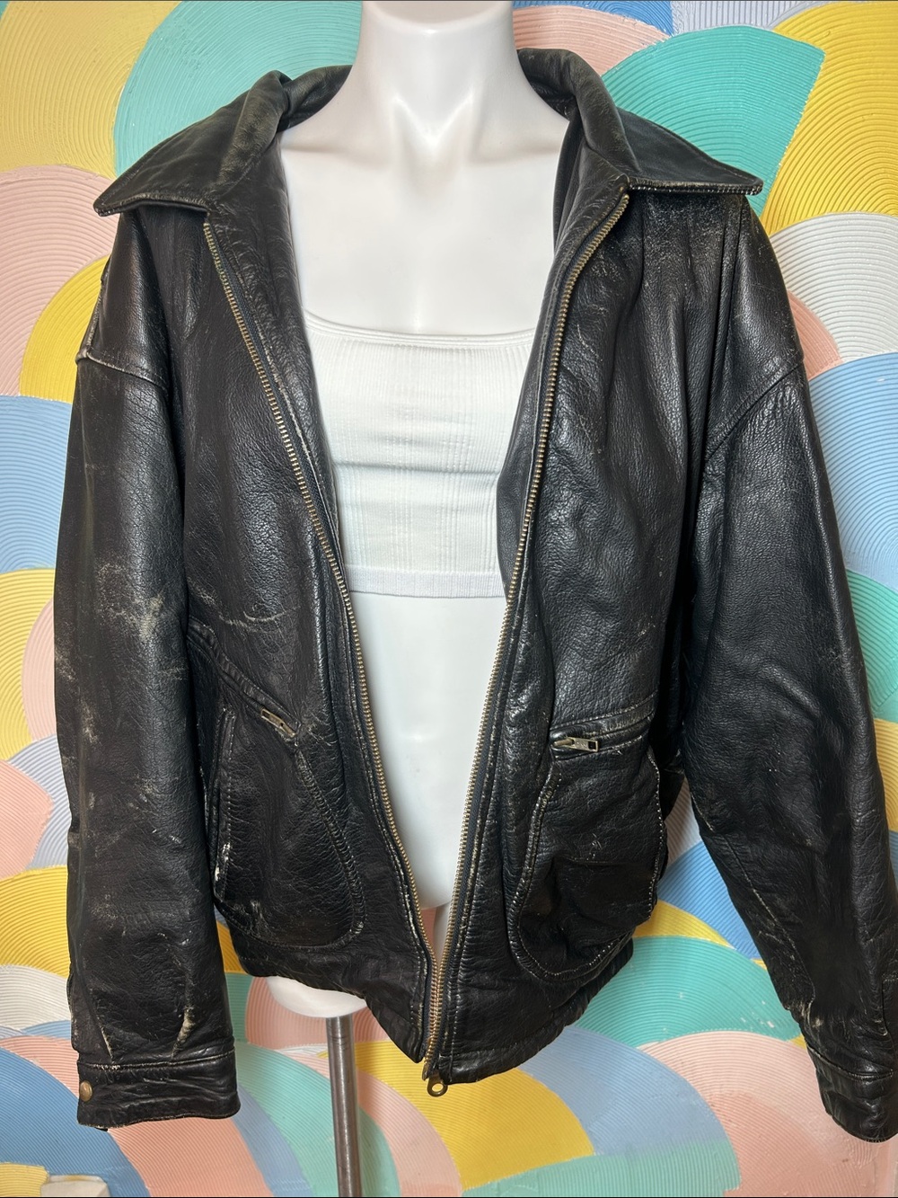 Wilson Vintage Black Textured Bommer Leather Jacket - Classic Black Sz L